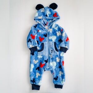 Disney Baby Mickey Mouse Fleece Hooded Bunting Romper 3-6M Blue Ears Zip